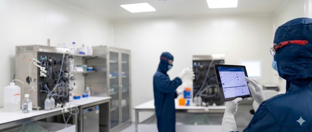 Scientists in protective cleanroom suits working in biomanufacturing facility